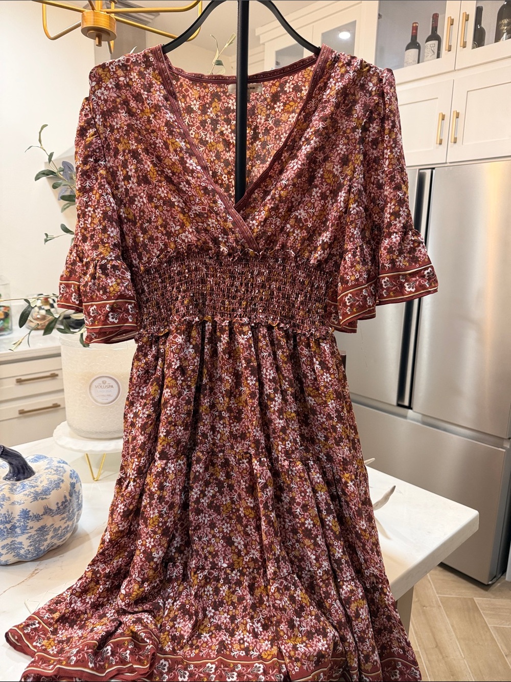 Max Studio Burgundy Floral V-Neck Smocked-Waist Dress